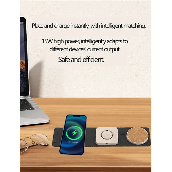 Cork Straw Foldable Three-In-One Wireless Fast Charger