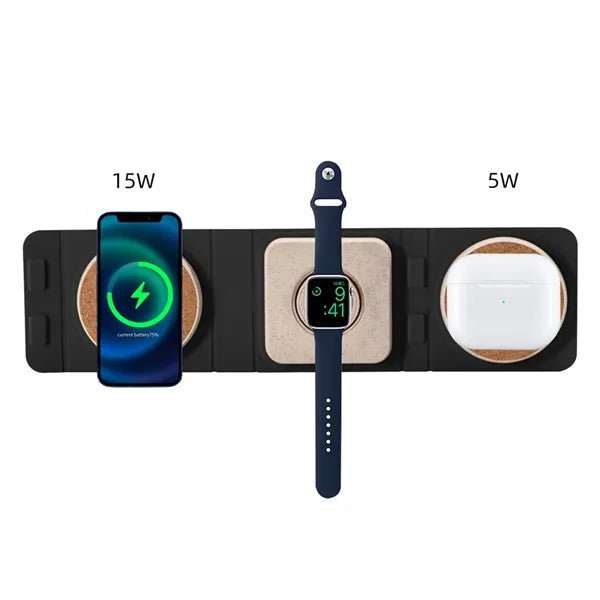 Cork Straw Foldable Three-In-One Wireless Fast Charger
