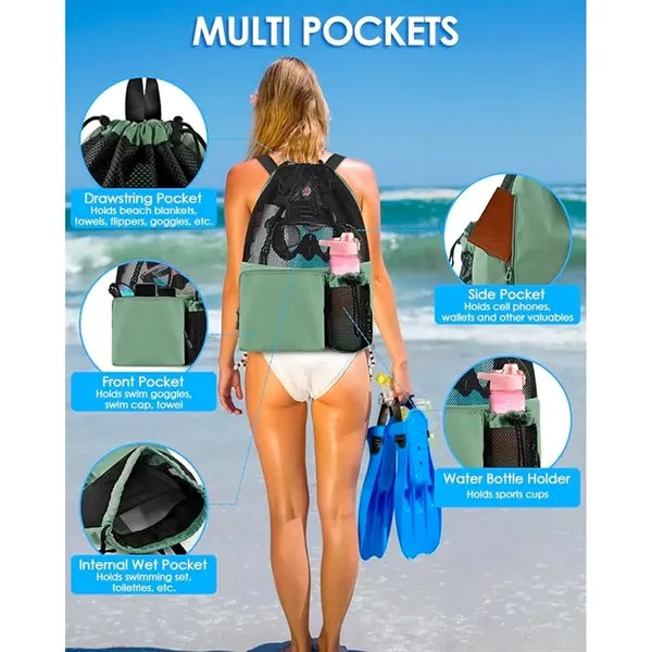 Beach Mesh Drawstring Bag Swim Backpack with Wet Pocket