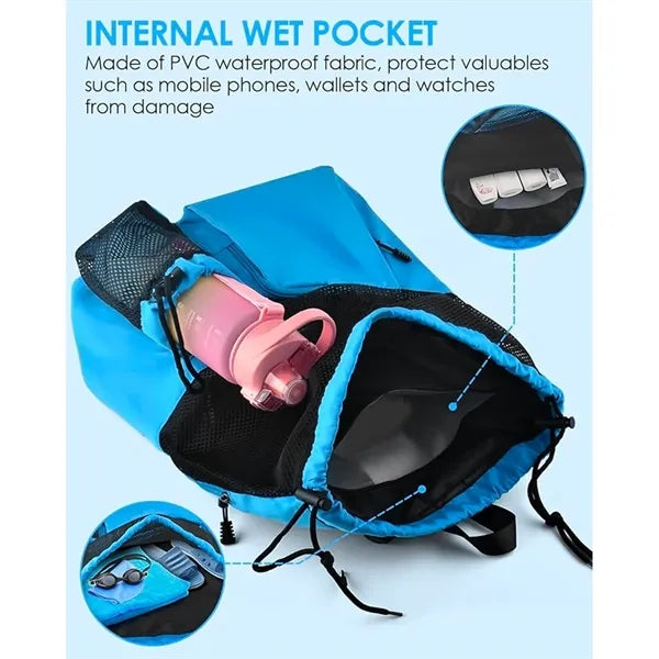 Beach Mesh Drawstring Bag Swim Backpack with Wet Pocket