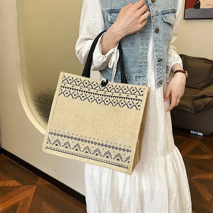 Linen Eco-friendly Natural Geometric Large Capacity Tote Bag