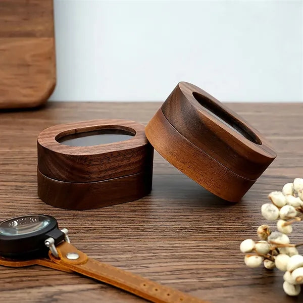 Wooden Window Magnetic Engraved Oval Ring Jewelry Box