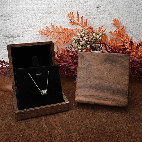 Wooden Square Necklace Pendant with Magnetic Jewelry Box