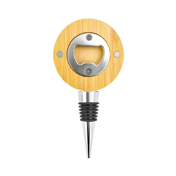 Round Magnetic Bamboo Wine Stopper with Bottle Opener