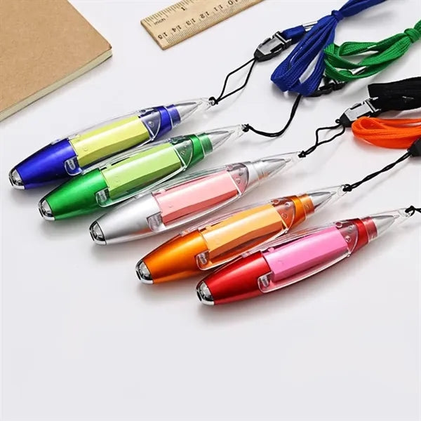 Sticky Note 0.7mm Ballpoint Pen with LED Flashlight Lanyard