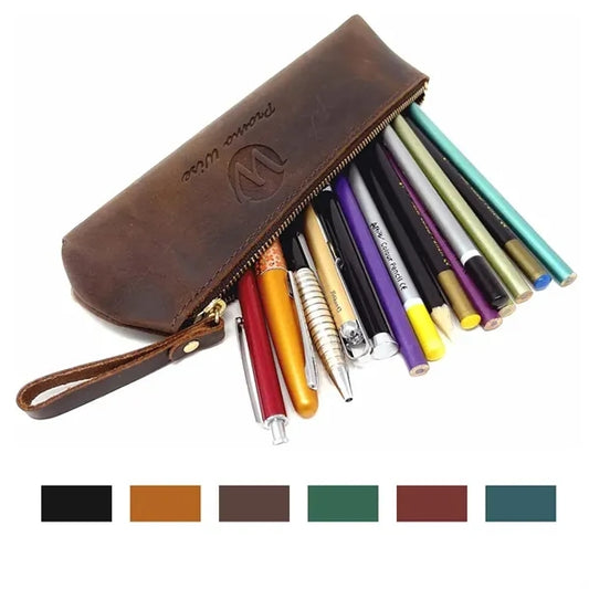 Vintage Leather Zipper Handmade Stationery Storage Pouch