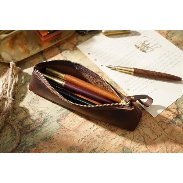 Vintage Leather Zipper Handmade Stationery Storage Pouch
