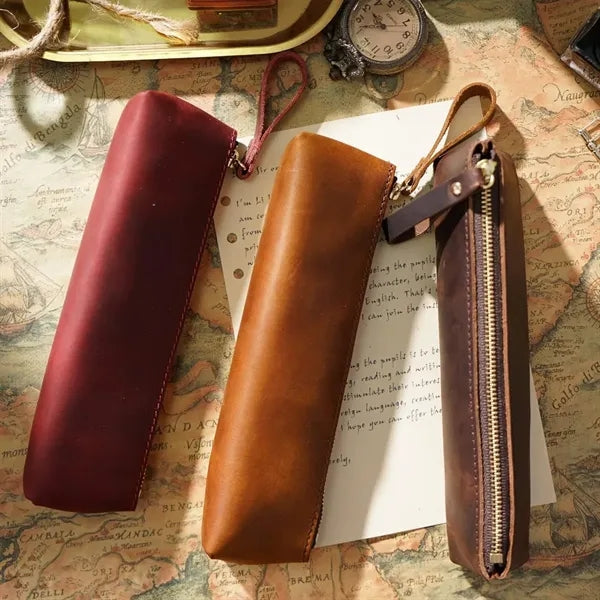 Vintage Leather Zipper Handmade Stationery Storage Pouch