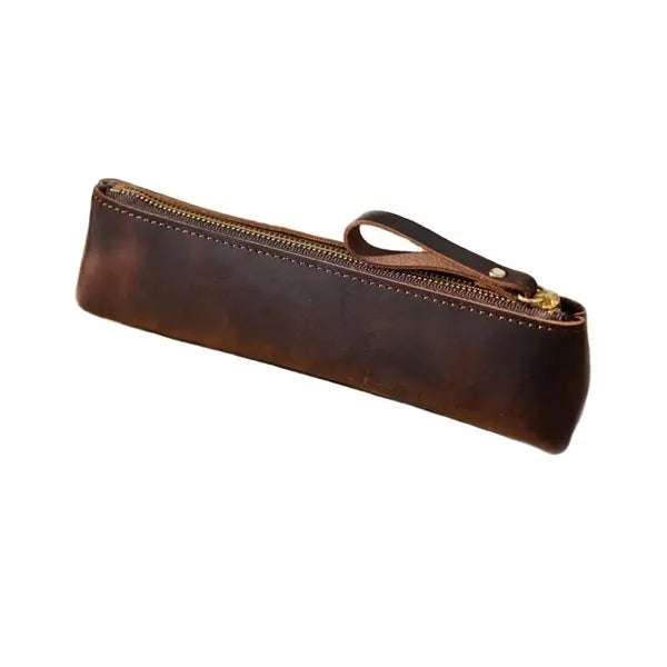 Vintage Leather Zipper Handmade Stationery Storage Pouch