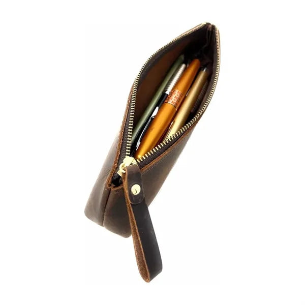 Vintage Leather Zipper Handmade Stationery Storage Pouch