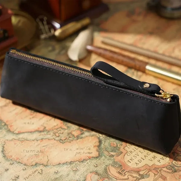 Vintage Leather Zipper Handmade Stationery Storage Pouch