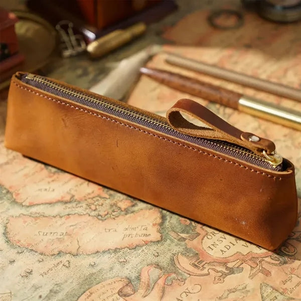 Vintage Leather Zipper Handmade Stationery Storage Pouch