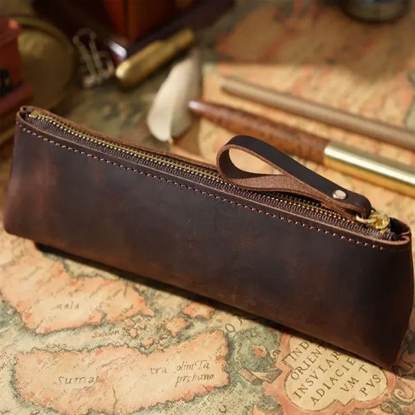 Vintage Leather Zipper Handmade Stationery Storage Pouch