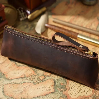 Vintage Leather Zipper Handmade Stationery Storage Pouch