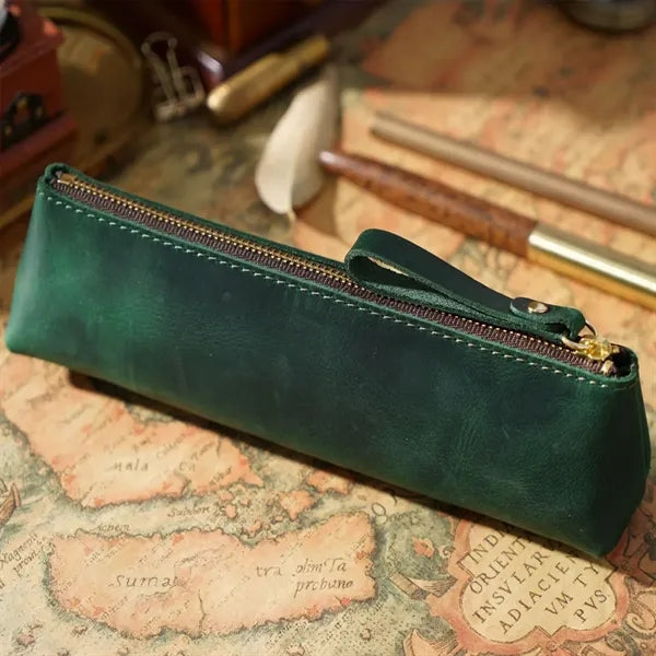 Vintage Leather Zipper Handmade Stationery Storage Pouch