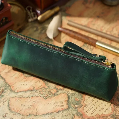 Vintage Leather Zipper Handmade Stationery Storage Pouch