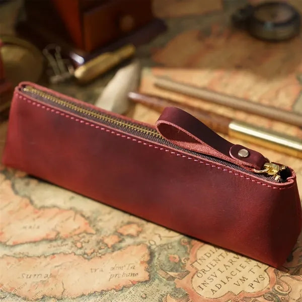 Vintage Leather Zipper Handmade Stationery Storage Pouch