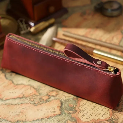 Vintage Leather Zipper Handmade Stationery Storage Pouch