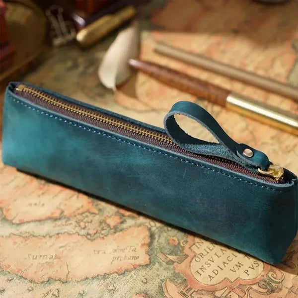 Vintage Leather Zipper Handmade Stationery Storage Pouch