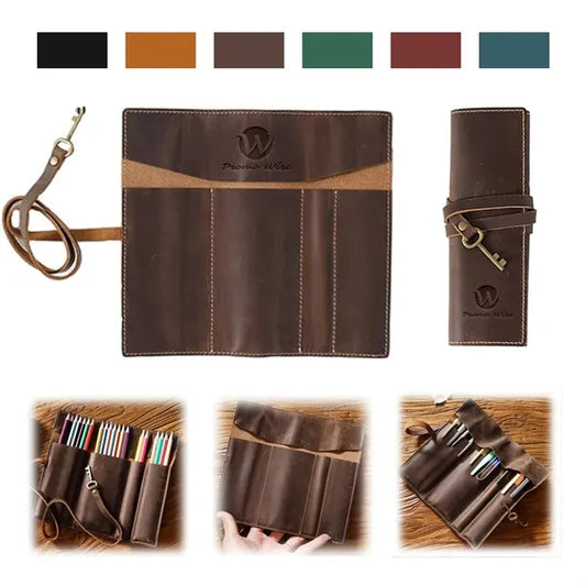 Genuine Leather 3 Open-End Pockets Strap Roll Pencil Case