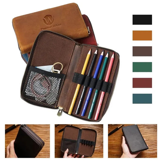 Genuine Leather  Zipper Pencil Case Organizer Large Capacity