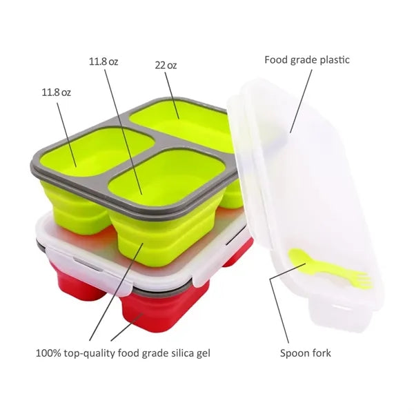 Foldable Silicone Three-Compartment Lunch Box With Cutlery