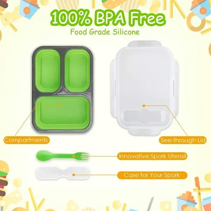 Foldable Silicone Three-Compartment Lunch Box With Cutlery