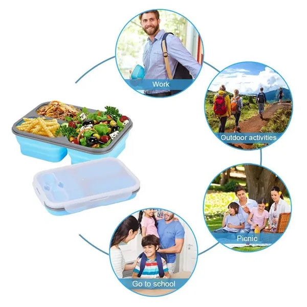 Foldable Silicone Three-Compartment Lunch Box With Cutlery
