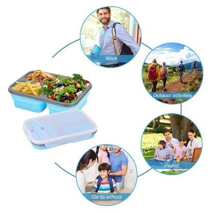 Foldable Silicone Three-Compartment Lunch Box With Cutlery