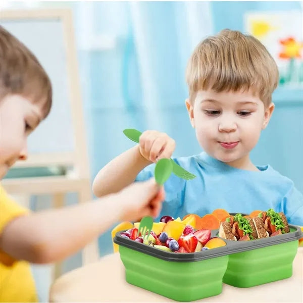 Foldable Silicone Three-Compartment Lunch Box With Cutlery
