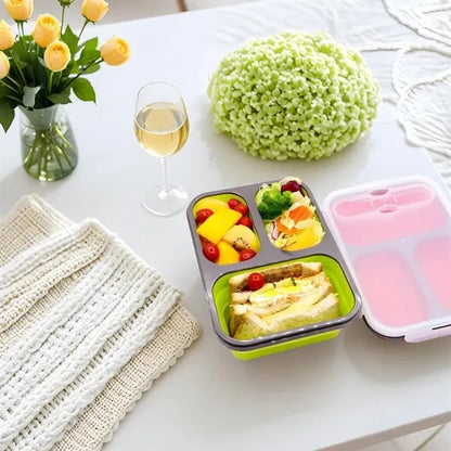 Foldable Silicone Three-Compartment Lunch Box With Cutlery