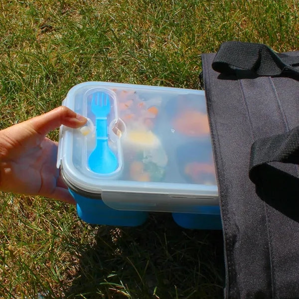 Foldable Silicone Three-Compartment Lunch Box With Cutlery