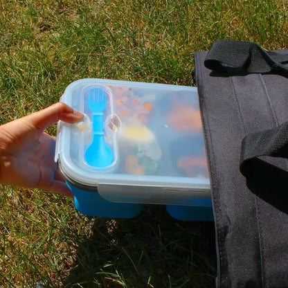 Foldable Silicone Three-Compartment Lunch Box With Cutlery