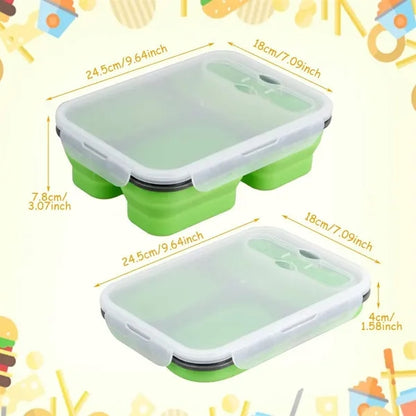 Foldable Silicone Three-Compartment Lunch Box With Cutlery