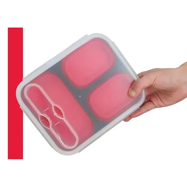 Foldable Silicone Three-Compartment Lunch Box With Cutlery