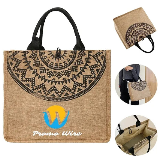 Vintage Printing Casual Flat Bottom Linen Tote Handbags