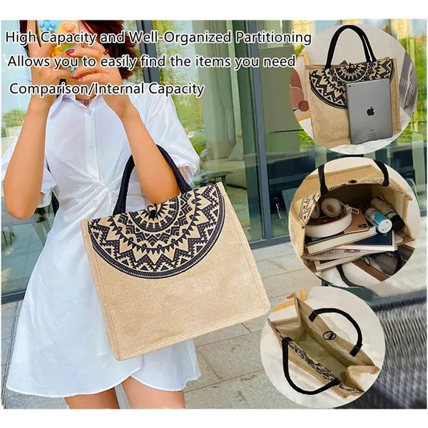 Vintage Printing Casual Flat Bottom Linen Tote Handbags