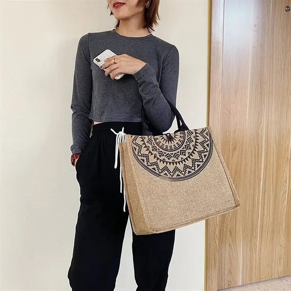Vintage Printing Casual Flat Bottom Linen Tote Handbags