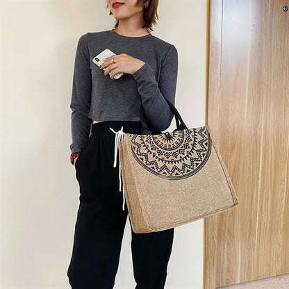 Vintage Printing Casual Flat Bottom Linen Tote Handbags
