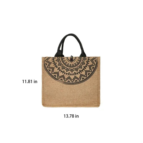 Vintage Printing Casual Flat Bottom Linen Tote Handbags
