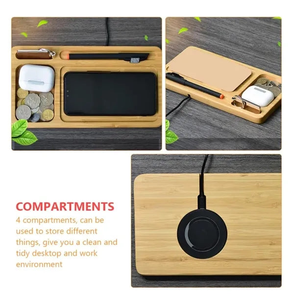 2 In 1 Bamboo Wireless Charger Storage Tray Desk Organizer