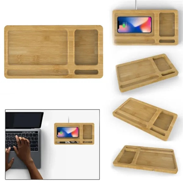2 In 1 Bamboo Wireless Charger Storage Tray Desk Organizer