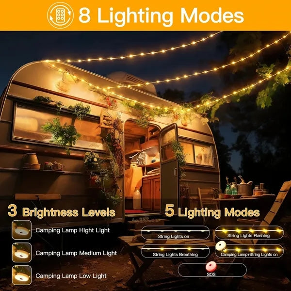 2 in 1 Waterproof Camping String Lights with 8 Modes