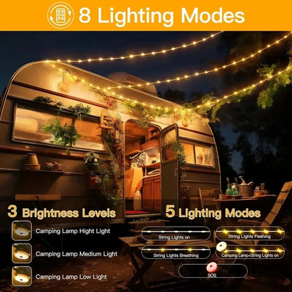 2 in 1 Waterproof Camping String Lights with 8 Modes