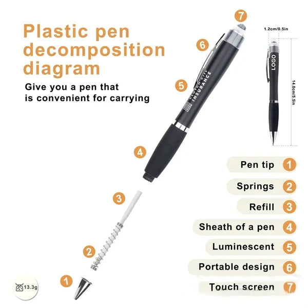 Multi Function 3 In 1 Stylus Ballpoint Pen Led Logo Light