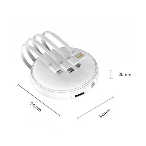 Round Portable Power Bank with Built-in Cables