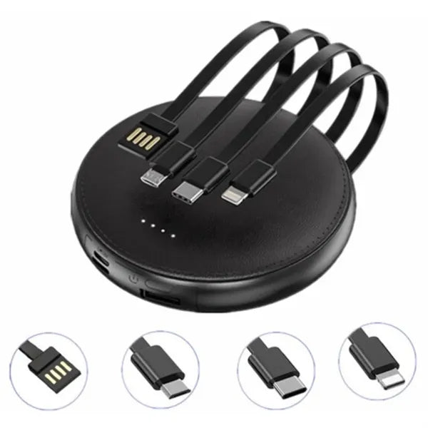 Round Portable Power Bank with Built-in Cables