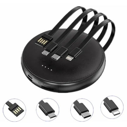 Round Portable Power Bank with Built-in Cables
