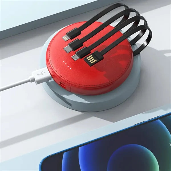 Round Portable Power Bank with Built-in Cables