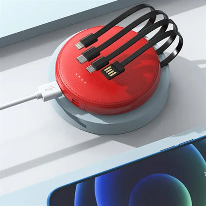 Round Portable Power Bank with Built-in Cables